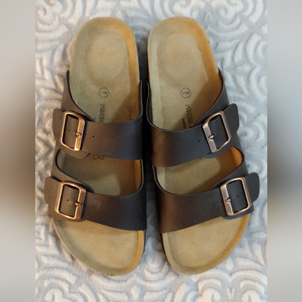 Porter & Ash Slide Buckle Genuine Leather Brown Sandals Men's Size 11